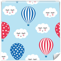 Tapeta samoprzylepna w rolce Śpiące białe chmurki pośród biało niebiesko czerwonych lecących balonów