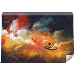 Fototapeta winylowa zmywalna Mężczyzna na łodzi w kosmosie z kolorową chmurą