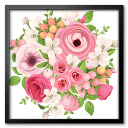 Obraz w ramie Bukiet czerwonych i różowych róż na białym tle 