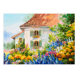 Plakat samoprzylepny Dom w ogrodzie kwiatowym