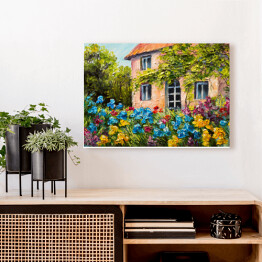 Obraz na płótnie Obraz olejny - dom w ogrodzie kwiatowym