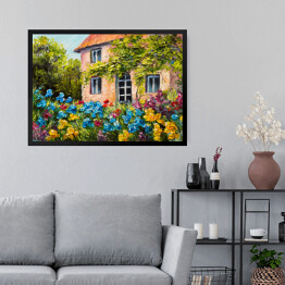 Obraz w ramie Obraz olejny - dom w ogrodzie kwiatowym