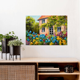 Plakat Obraz olejny - dom w ogrodzie kwiatowym