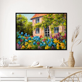 Obraz olejny - dom w ogrodzie kwiatowym
