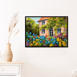 Plakat w ramie Obraz olejny - dom w ogrodzie kwiatowym