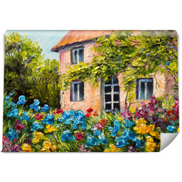 Fototapeta Obraz olejny - dom w ogrodzie kwiatowym
