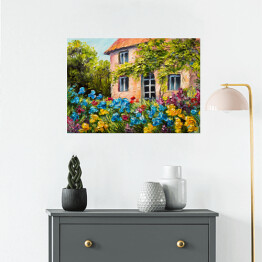 Plakat samoprzylepny Obraz olejny - dom w ogrodzie kwiatowym
