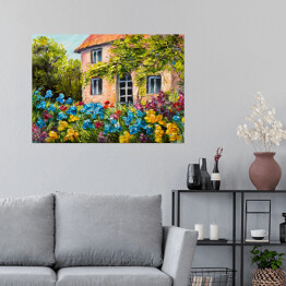 Plakat Obraz olejny - dom w ogrodzie kwiatowym