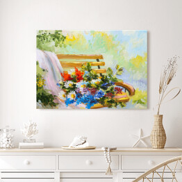 Obraz na płótnie Obraz olejny - bukiet kwiatów na ławce