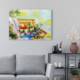 Obraz na płótnie Obraz olejny - bukiet kwiatów na ławce