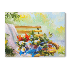 Obraz olejny - bukiet kwiatów na ławce