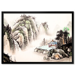Plakat w ramie Chiński pejzaż górski w sennym klimacie