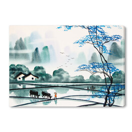 Obraz na płótnie Chiński pejzaż - akwarela w odcieniach niebieskiego