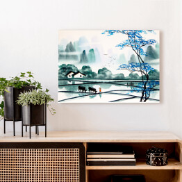 Obraz na płótnie Chiński pejzaż - akwarela w odcieniach niebieskiego