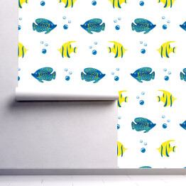 Tapeta samoprzylepna w rolce Niebieskie i żółte ryby na białym tle