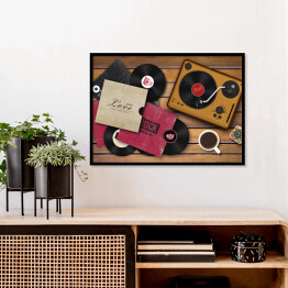 Plakat w ramie Gramofon i rozrzucone płyty winylowe na drewnianym tle