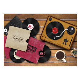 Plakat samoprzylepny Gramofon i rozrzucone płyty winylowe na drewnianym tle