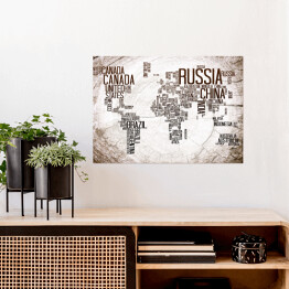 Plakat samoprzylepny Mapa świata z nazwami krajów na jasnym, szarym tle