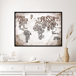 Plakat w ramie Mapa świata z nazwami krajów na jasnym, szarym tle
