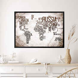 Obraz w ramie Mapa świata z nazwami krajów na jasnym, szarym tle