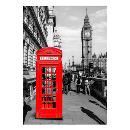 Plakat samoprzylepny Londyńska czerwona budka telefoniczna z widokiem na Big Bena w tle