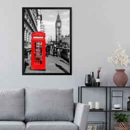 Obraz w ramie Londyńska czerwona budka telefoniczna z widokiem na Big Bena w tle