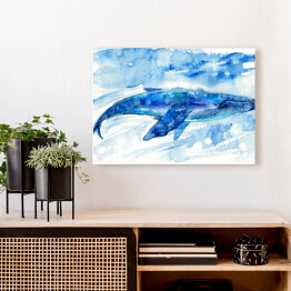 Akwarelowy duży błękitny wieloryb
