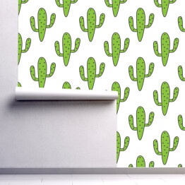 Tapeta winylowa zmywalna w rolce Zielone kaktusy w szare kropki na białym tle