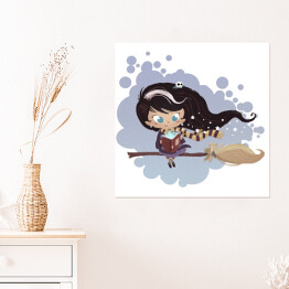 Plakat samoprzylepny Dziewczynka latająca na miotle