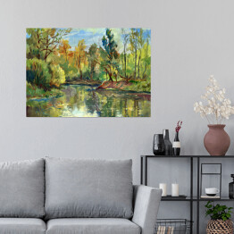 Plakat samoprzylepny Jezioro w lesie - akwarela
