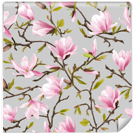 Tapeta samoprzylepna w rolce Kwiaty magnolii i liści na popielatym tle