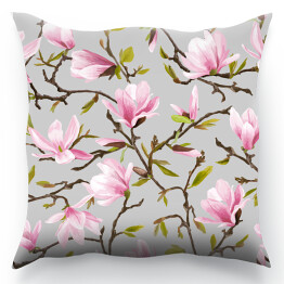 Poduszka Kwiaty magnolii i liści na popielatym tle