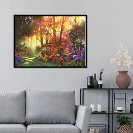 Plakat w ramie Pejzaż lasu z czerwonymi i fioletowymi liśćmi