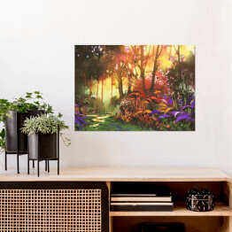Plakat samoprzylepny Pejzaż lasu z czerwonymi i fioletowymi liśćmi