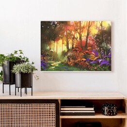Obraz na płótnie Pejzaż lasu z czerwonymi i fioletowymi liśćmi