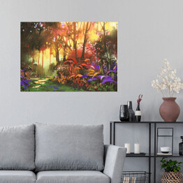 Plakat Pejzaż lasu z czerwonymi i fioletowymi liśćmi