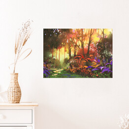 Plakat Pejzaż lasu z czerwonymi i fioletowymi liśćmi