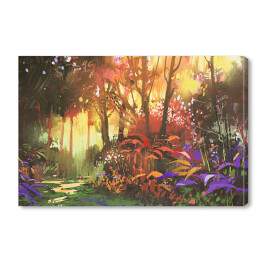 Obraz na płótnie Pejzaż lasu z czerwonymi i fioletowymi liśćmi