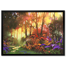 Plakat w ramie Pejzaż lasu z czerwonymi i fioletowymi liśćmi