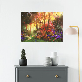 Plakat samoprzylepny Pejzaż lasu z czerwonymi i fioletowymi liśćmi