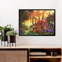 Obraz w ramie Pejzaż lasu z czerwonymi i fioletowymi liśćmi