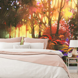 Fototapeta winylowa zmywalna Pejzaż lasu z czerwonymi i fioletowymi liśćmi
