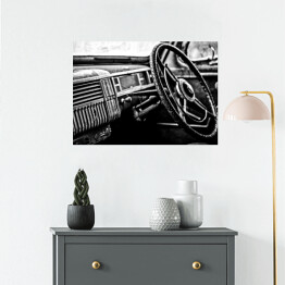 Plakat samoprzylepny Wnętrze luksusowego samochodu - czarno białe zdjęcie
