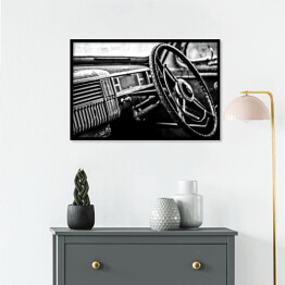 Plakat w ramie Wnętrze luksusowego samochodu - czarno białe zdjęcie