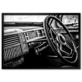 Plakat w ramie Wnętrze luksusowego samochodu - czarno białe zdjęcie