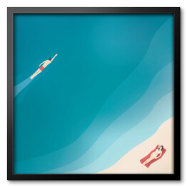 Obraz w ramie Widok na ocean i pływaka - ilustracja