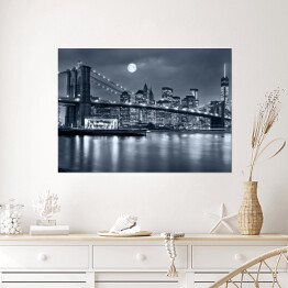 Plakat samoprzylepny Nocna panorama z Nowego Jorku z księżycem na niebie