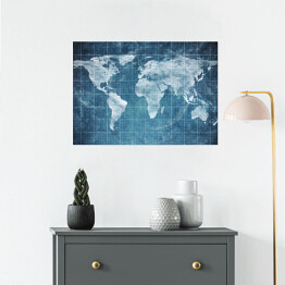Plakat samoprzylepny Mapa świata w formie planu na ciemnym niebieskim tle