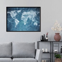 Plakat w ramie Mapa świata w formie planu na ciemnym niebieskim tle