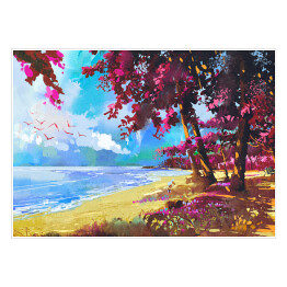 Plakat samoprzylepny Różowe drzewa na plaży latem